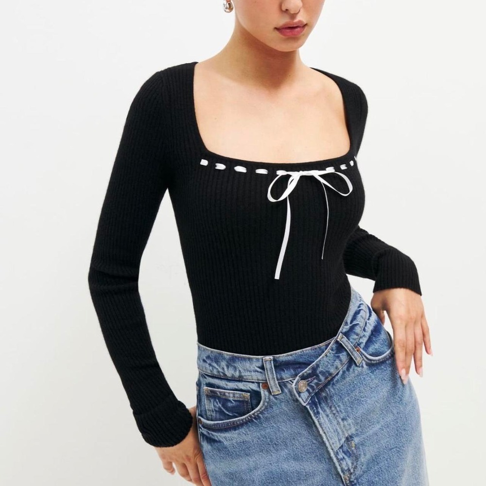 Reformation Kameron Cashmere Blend Black Tie Detail Whimsygoth Ribbed Sweater XL